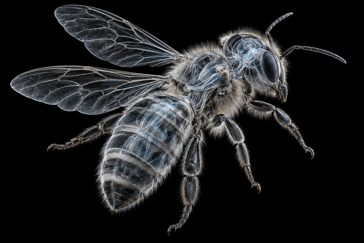 Translucent artistic x-ray honeybee in flight; not a measured brain scan